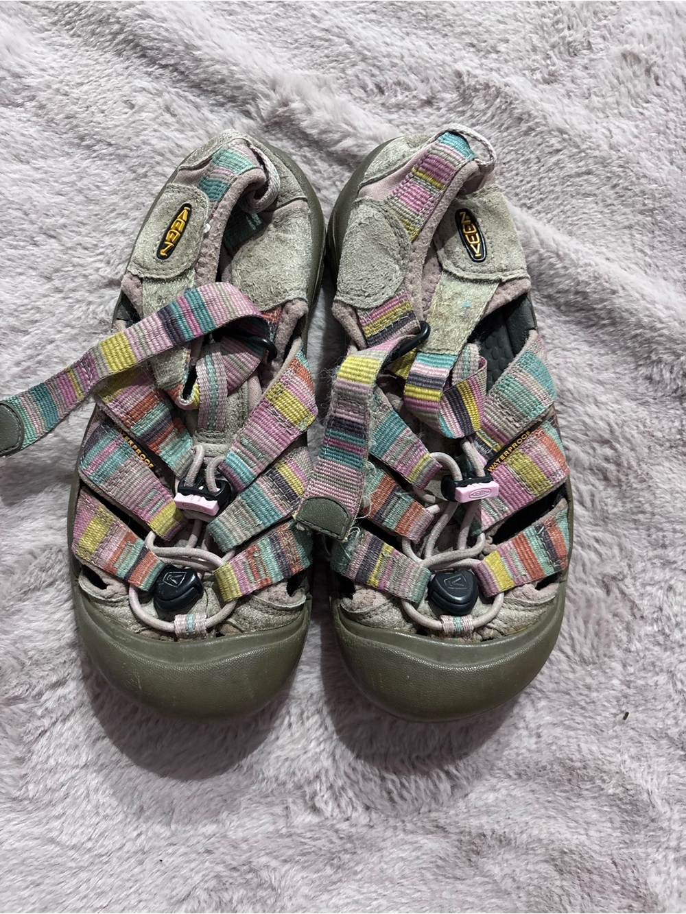 Keen Kids Strappy Sandals in Olive Green with Pastel Multi Straps